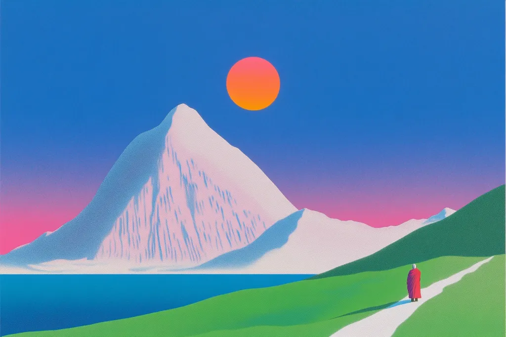 Here is a description of the image:

The illustration showcases a serene landscape under a vibrant sunset. A large, snow-capped mountain dominates the scene, its pale pink and white slopes reflecting the soft light.  A tranquil blue lake stretches across the foreground, leading to a verdant hillside where a lone figure in a red robe walks a white path. A large, warm-toned orange sun hangs in the clear, blue sky, completing the peaceful and somewhat minimalist aesthetic. The overall style is bold and graphic, emphasizing flat planes of color.