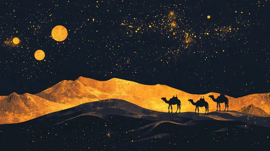 Here's a description of the image:

The artwork depicts a desert landscape under a vibrant night sky.  Three silhouetted camels, each carrying riders, traverse golden sand dunes.  The sky is a deep navy, speckled with countless gold stars, and punctuated by three luminous, golden celestial bodies – possibly planets or moons – of varying sizes. The overall aesthetic is stylized and somewhat abstract, with a focus on contrasting colors and textures, creating a mystical and evocative atmosphere.  A subtle hint of a pyramid is visible in the lower right corner, adding depth to the scene.