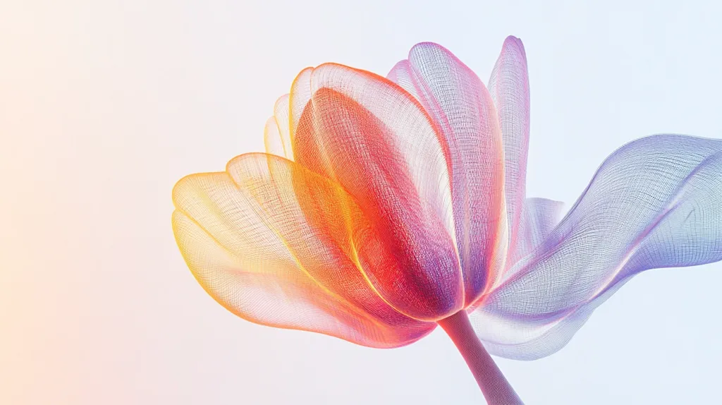 The image showcases a stylized tulip, rendered in a translucent, mesh-like texture.  Warm oranges and reds dominate the central petals, gradually transitioning to cooler purples and blues in the outer petals. The delicate, almost ethereal quality is heightened by a soft, light background, creating a sense of lightness and fragility.  The flower appears to be digitally created, emphasizing its graceful form and vibrant color gradient.