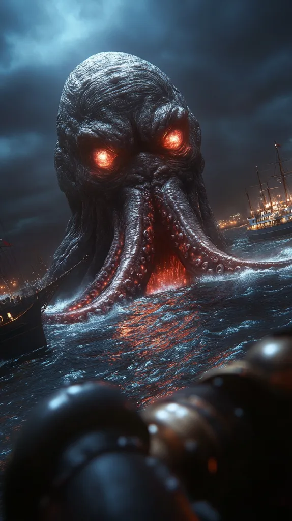 A colossal, monstrous kraken, with glowing red eyes and rough, dark skin, rises from the churning ocean.  Its massive tentacles engulf the water, threatening several ships in a dark, stormy seascape. The kraken’s gaping maw reveals an inner glow of fiery orange.  The scene is dramatic and ominous, suggesting a terrifying encounter between humanity and a mythical sea creature.  The foreground is blurred, hinting at observers witnessing the spectacle from a closer, possibly perilous, vantage point.