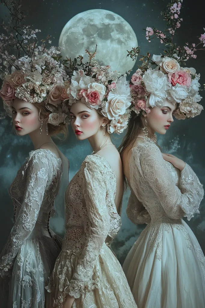 Three ethereal figures, adorned in delicate, cream-colored lace gowns, stand before a large, bright moon. Each woman wears a crown of exquisite, pastel-hued flowers, creating a mystical and romantic atmosphere. The background features a dark, starry sky, enhancing the dreamlike quality of the image.  Their expressions are serene and slightly melancholic, adding to the overall sense of mystery and beauty.