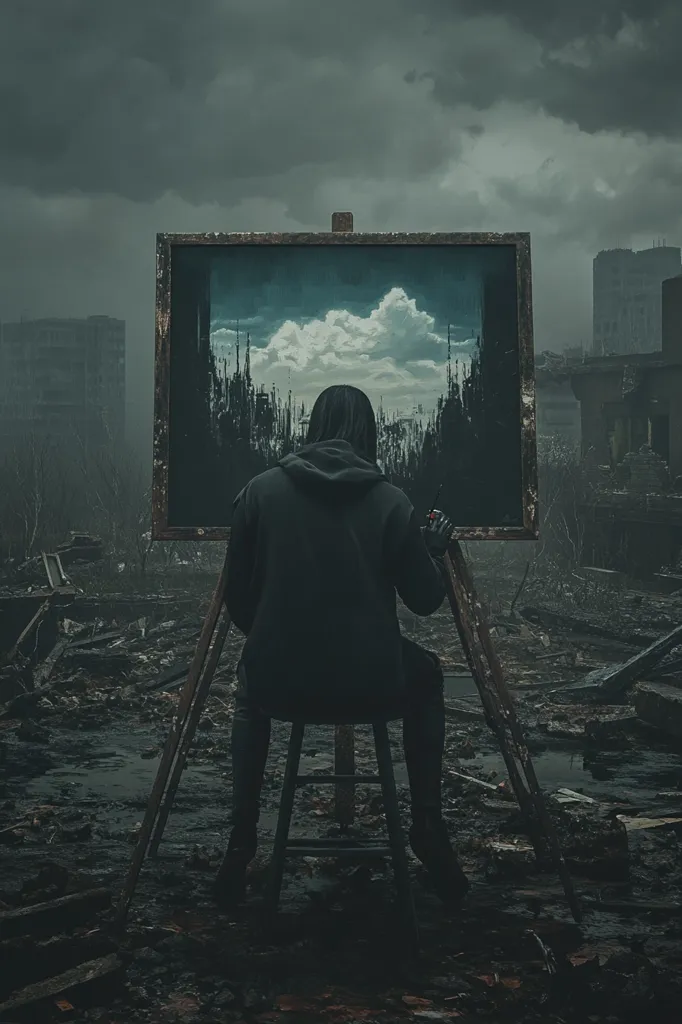 A solitary figure sits on a stool, back to the viewer, painting on an easel. The canvas depicts a serene landscape with fluffy clouds, a stark contrast to the desolate, ruined cityscape surrounding the artist. The scene is dark and moody, with a grim atmosphere reflecting the juxtaposition of peace and destruction. The artist appears to be lost in their work, oblivious to the devastation around them.  The overall image evokes feelings of melancholy and reflection.