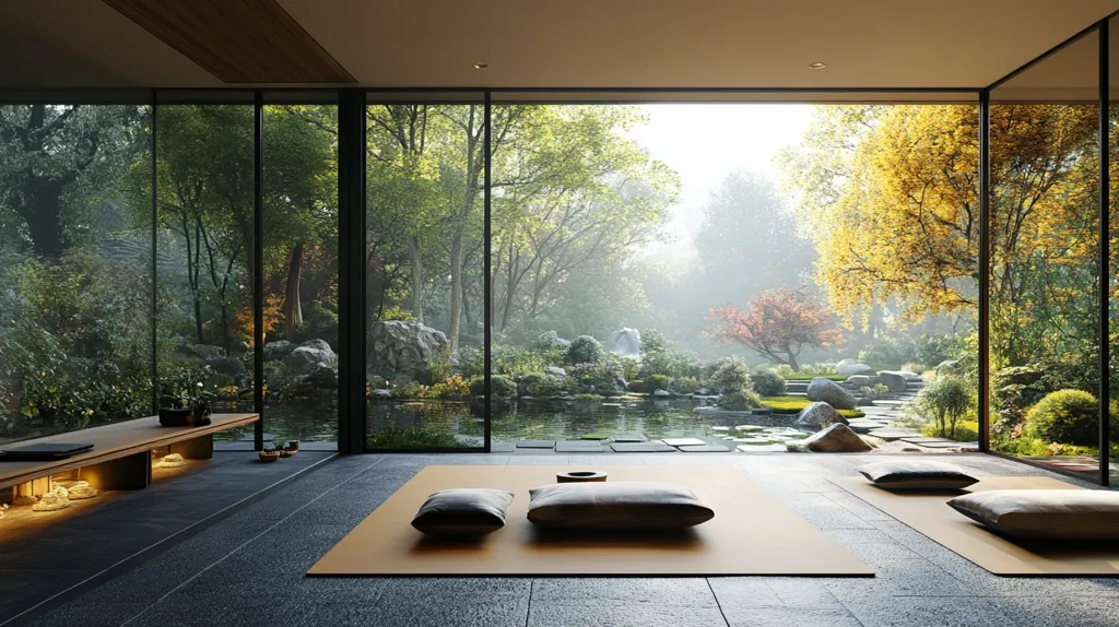 A serene minimalist room features floor-to-ceiling windows showcasing a tranquil Japanese garden.  A tan mat holds several cushions, perfect for meditation or relaxation. A low wooden bench sits near the windows, providing a simple, functional element. The overall design emphasizes natural light and a connection to the outdoors, creating a peaceful and calming atmosphere.  The garden's pond, stepping stones, and autumnal foliage complete the scene.
