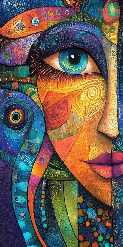The artwork is a vibrant, abstract portrait focusing on a woman's eye and face.  Bold, jewel-toned colors—blues, oranges, purples, and greens—are applied in a mosaic-like style, creating a textured effect.  The eye is strikingly realistic, contrasting with the stylized, almost fragmented, representation of the rest of the face and surrounding elements.  Organic shapes intertwine with geometric patterns, resulting in a richly detailed and visually compelling piece. The overall impression is one of mystery and intensity.