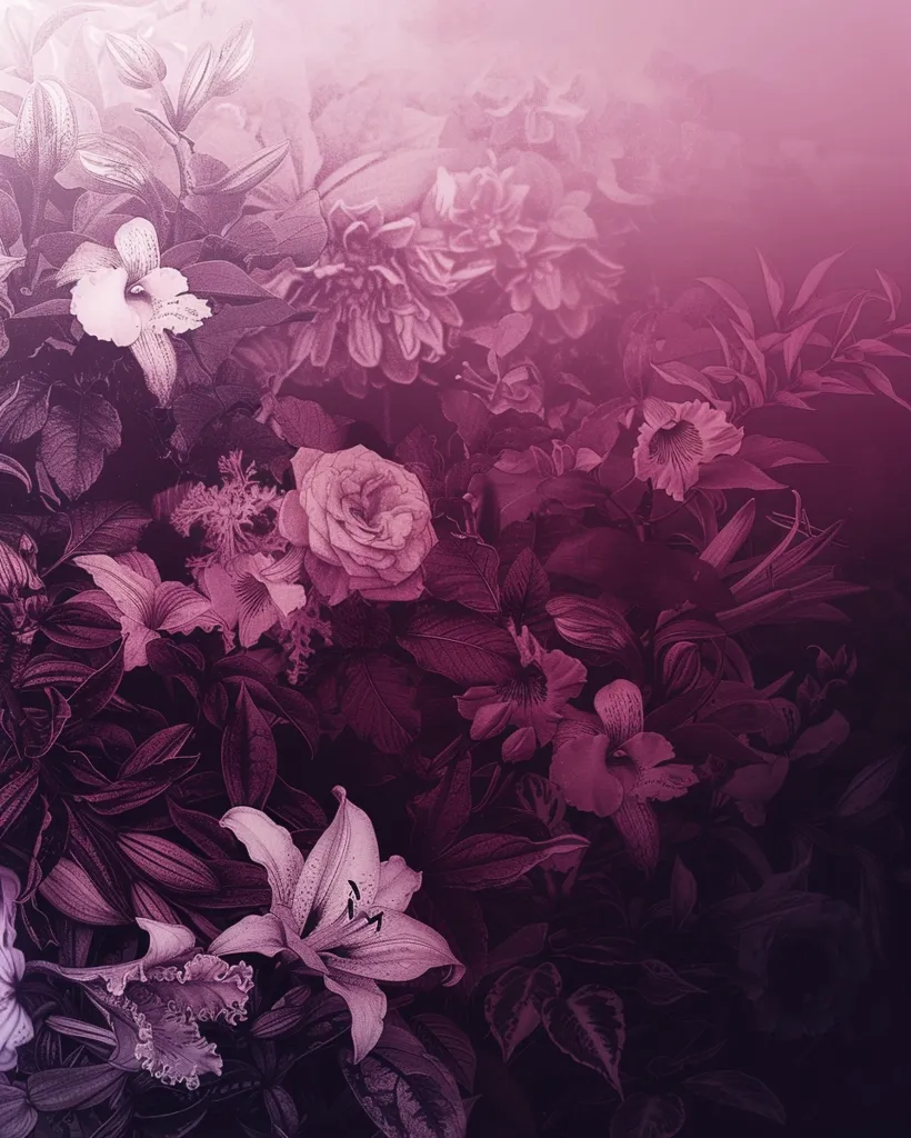 Here's a description of the image:

The image is a richly textured, stylized depiction of a dense garden overflowing with various flowers and foliage.  Predominantly dark purple and mauve tones create a moody, almost ethereal atmosphere.  Visible blooms include lilies, roses, orchids, and dahlias, their forms slightly blurred, suggesting a soft focus or painterly effect.  The background fades to a lighter, hazy purple, adding depth and a dreamlike quality. The overall impression is one of lush abundance and romantic mystery.