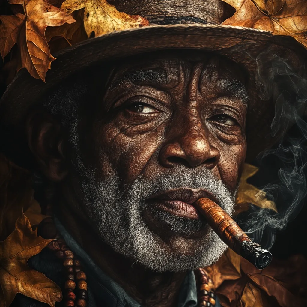 Here's a description of the image:

Close-up portrait of an elderly Black man with deeply lined, weathered skin. He wears a wide-brimmed straw hat adorned with autumn leaves, a dark shirt, and a beaded necklace.  His expression is serious, almost pensive, as he holds a cigar between his lips, exhaling a plume of smoke. The image's dark, moody tones emphasize the man's age and the fall setting, creating a powerful and evocative visual.  The detailed rendering of his facial features conveys a sense of history and resilience.