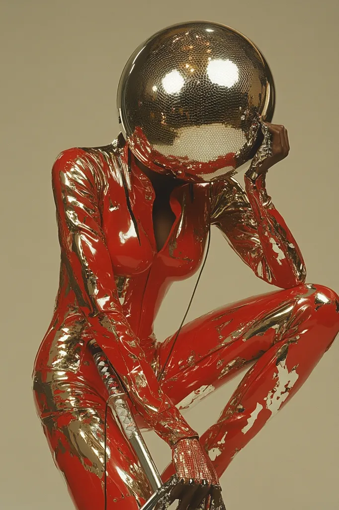A figure in a red and gold metallic bodysuit is captured in a striking close-up shot.  Their head is concealed by a large, spherical, mirrored helmet, reflecting light.  The figure is crouched, one hand resting on their head, the other appearing to grasp a metallic rod. The glossy texture of the suit and the reflective helmet create a futuristic and somewhat dystopian aesthetic.  The overall mood is one of enigmatic coolness and stylized fashion.