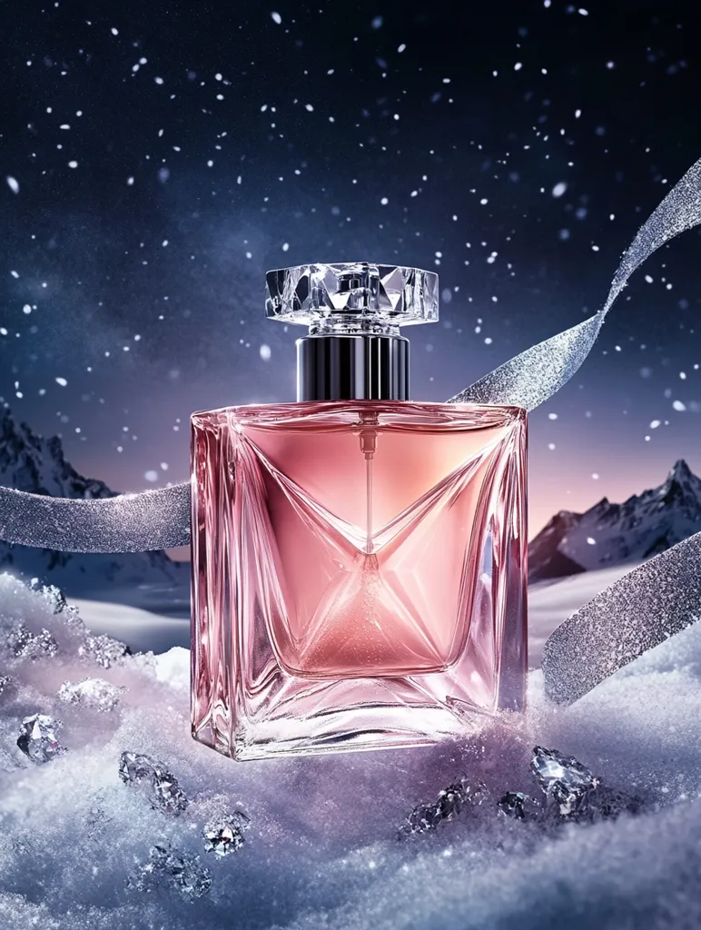 Here's a description of the image:

A bottle of perfume, elegantly designed with a faceted, crystalline cap and a rectangular body, sits in a snowy landscape.  The perfume is a delicate pink hue, visible through the clear glass. A silver ribbon elegantly drapes across the scene, partially obscuring the background of a snow-covered mountain range under a twilight sky dusted with falling snow.  The overall effect is one of luxurious sophistication and winter magic.  Crystals scattered on the snow enhance the feeling of preciousness.
