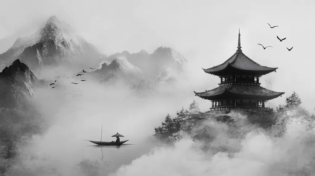 A monochromatic landscape depicts a serene scene.  Misty mountains rise in the background, their peaks shrouded in fog. In the foreground, a lone figure in a small boat navigates calm waters. A traditional two-story pagoda sits atop a hill, partially obscured by mist.  Several birds fly across the sky, adding to the tranquil and almost ethereal atmosphere of the image, reminiscent of East Asian ink wash painting.