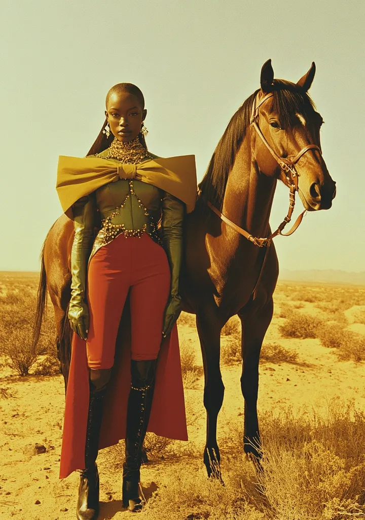 A striking fashion photograph depicts a Black woman with a shaved head, wearing a  bold,  high-fashion ensemble.  Her outfit features a large, olive-green bow-shaped top,  red breeches, long green gloves, and tall black boots. A long, red cape drapes behind her. She stands confidently beside a dark brown horse in a desert landscape under a bright sun, creating a dramatic and stylish image. The overall tone is warm and golden, enhancing the fashion statement.