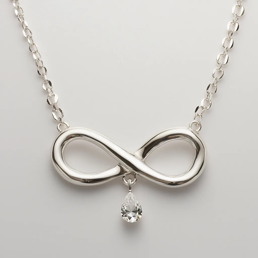 Here is a description of the image:

Close-up view of a silver necklace featuring an infinity symbol as its centerpiece. The infinity symbol is smooth, polished, and substantial.  A single, pear-shaped clear gemstone, likely a diamond or cubic zirconia, dangles from the bottom of the infinity symbol. The necklace chain is a delicate, linked chain. The background is a simple, off-white surface, allowing the necklace to be the clear focal point.  The overall impression is one of elegant simplicity and timeless style.