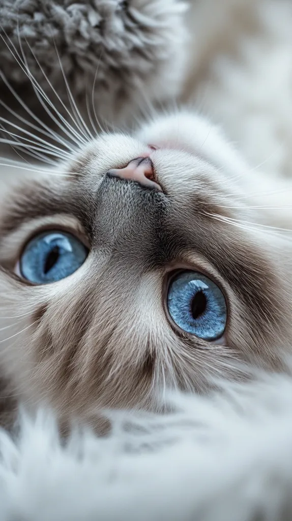 Here's a description of the image:

Close-up view of a Ragdoll cat's face, lying on its back. The cat's striking blue eyes are in sharp focus, capturing their bright, captivating color. Its soft, fluffy fur is predominantly light gray and white, with subtle shading.  Long, delicate whiskers extend outward from its face. The background is blurred, focusing attention on the cat's beautiful features. The overall impression is one of softness, serenity, and gentle beauty.