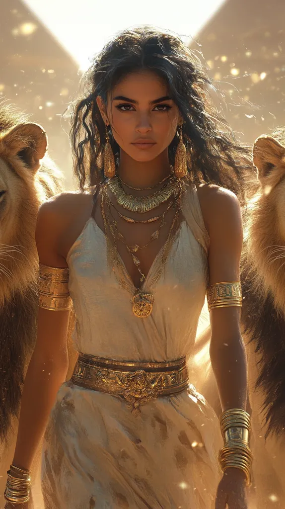 A regal woman with long, dark, wavy hair adorned in elaborate gold jewelry stands between two majestic lions.  She wears a flowing, light beige gown cinched with a wide gold belt, complemented by numerous gold necklaces, bracelets, and earrings.  The setting appears to be a sun-drenched desert landscape, possibly evoking ancient Egypt or a similar historical context. The overall impression is one of power, beauty, and mystique.