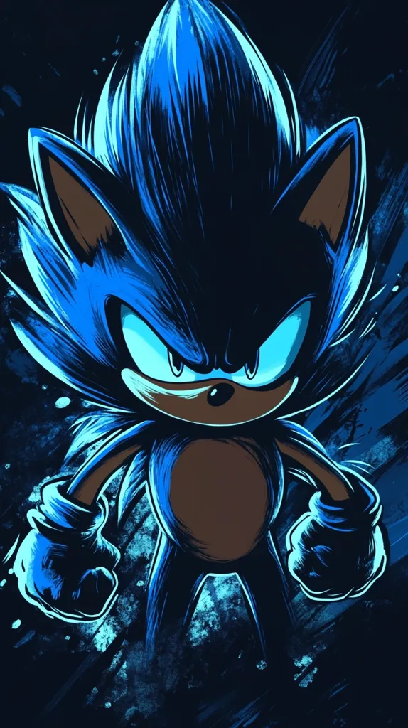 Here's a description of the image:

The image is a stylized artwork of Sonic the Hedgehog, rendered in a dark, dramatic style. Sonic is depicted in a powerful pose, his blue quills splayed outward, appearing almost fiery. His expression is fierce, with narrowed eyes and clenched fists. The color palette is predominantly dark blues and blacks, with accents of teal and brown, creating a sense of intensity and energy. The background features a textured, abstract design that complements the character's dynamic form.  The overall style is reminiscent of graphic novels or alternative posters.