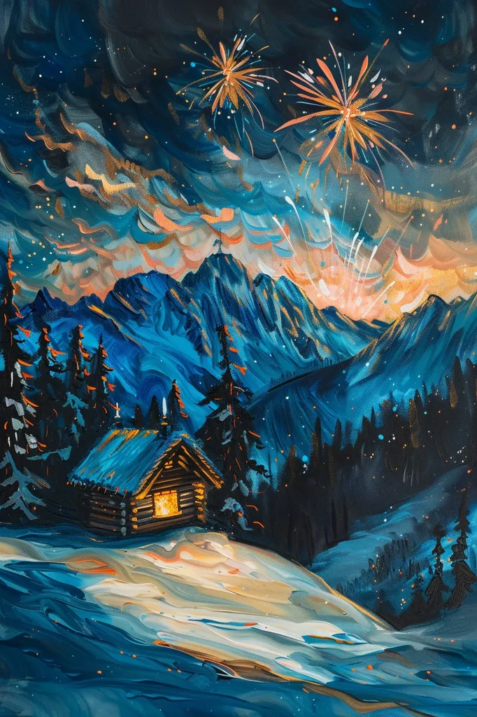 Here is a description of the image:

The painting depicts a serene winter scene. A cozy log cabin glows warmly against a backdrop of snow-covered mountains.  Vibrant, stylized fireworks explode in the night sky above, casting a colorful light against the dark blue and teal hues of the landscape.  The mountains are rendered with textured brushstrokes, suggesting depth and cold.  The overall style is impressionistic, with a focus on capturing mood and atmosphere rather than precise detail.  The scene evokes a sense of peace and quiet celebration in a remote, mountainous location.