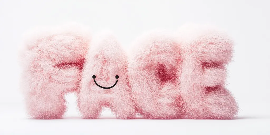 The image shows the word "FACE" formed from fluffy, light pink material resembling cotton candy or yarn.  Each letter is a distinct, somewhat amorphous mound of the texture.  The central letter "A" features a simple, hand-drawn smiling face. The overall aesthetic is soft, playful, and slightly whimsical against a stark white background.