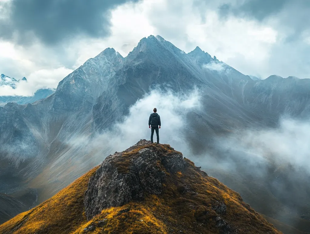 A lone hiker stands on a rocky mountain peak, gazing out at a breathtaking vista.  Misty clouds swirl around the imposing, snow-dusted mountain range, creating a dramatic and serene atmosphere. The hiker's small figure emphasizes the vastness and grandeur of the natural landscape, evoking a sense of awe and accomplishment.  The golden hues of the foreground grass contrast beautifully with the cool tones of the mountains and sky.