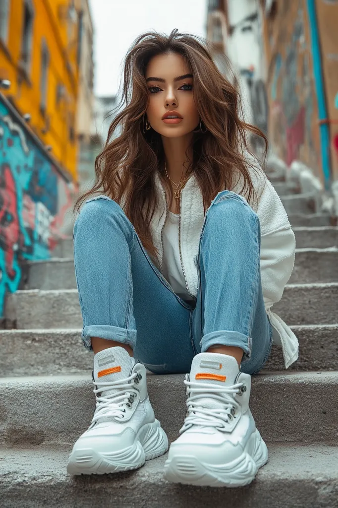 A young woman with long, wavy brown hair sits on a set of urban stairs. She's wearing light-wash jeans cuffed at the ankles, a cream-colored jacket, and chunky white high-top sneakers.  Her expression is serious, and she gazes directly at the camera. The background features a brightly colored graffiti wall and a blurred city street, creating a contrast between the urban environment and the model's stylish attire.