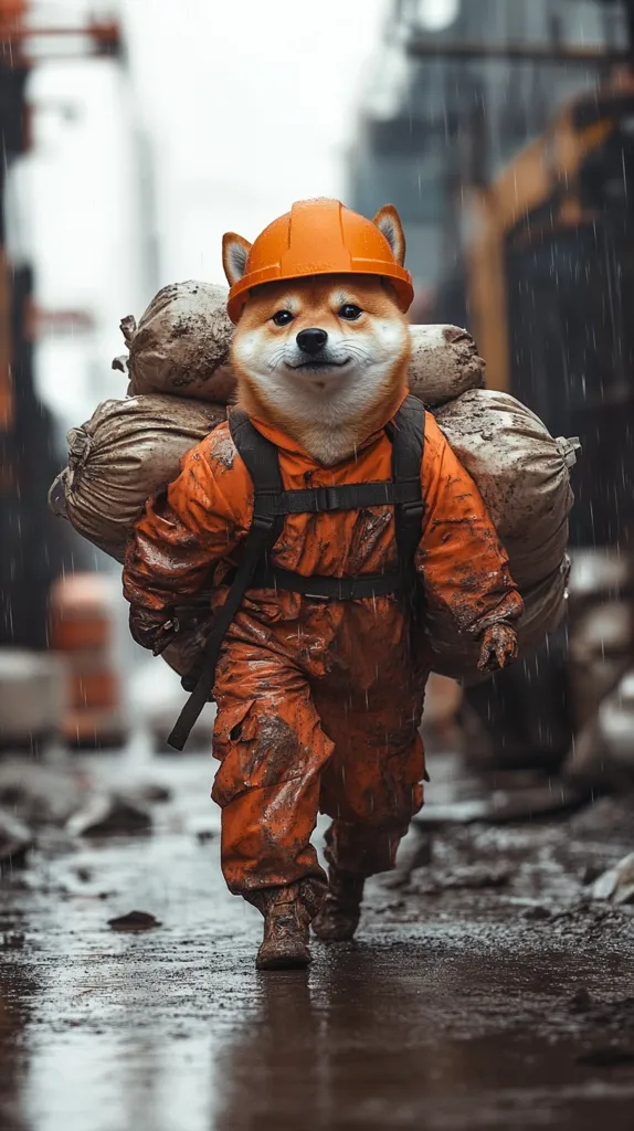 A Shiba Inu dog, wearing an orange hard hat and mud-caked jumpsuit, carries heavy sacks on its back in a rain-soaked construction site.  The dog's expression is serious and determined as it walks along a muddy path. The overall image is humorous, juxtaposing the cute dog with a tough, laborious task, creating a whimsical and endearing scene. The background is blurred, focusing attention on the resilient canine worker.