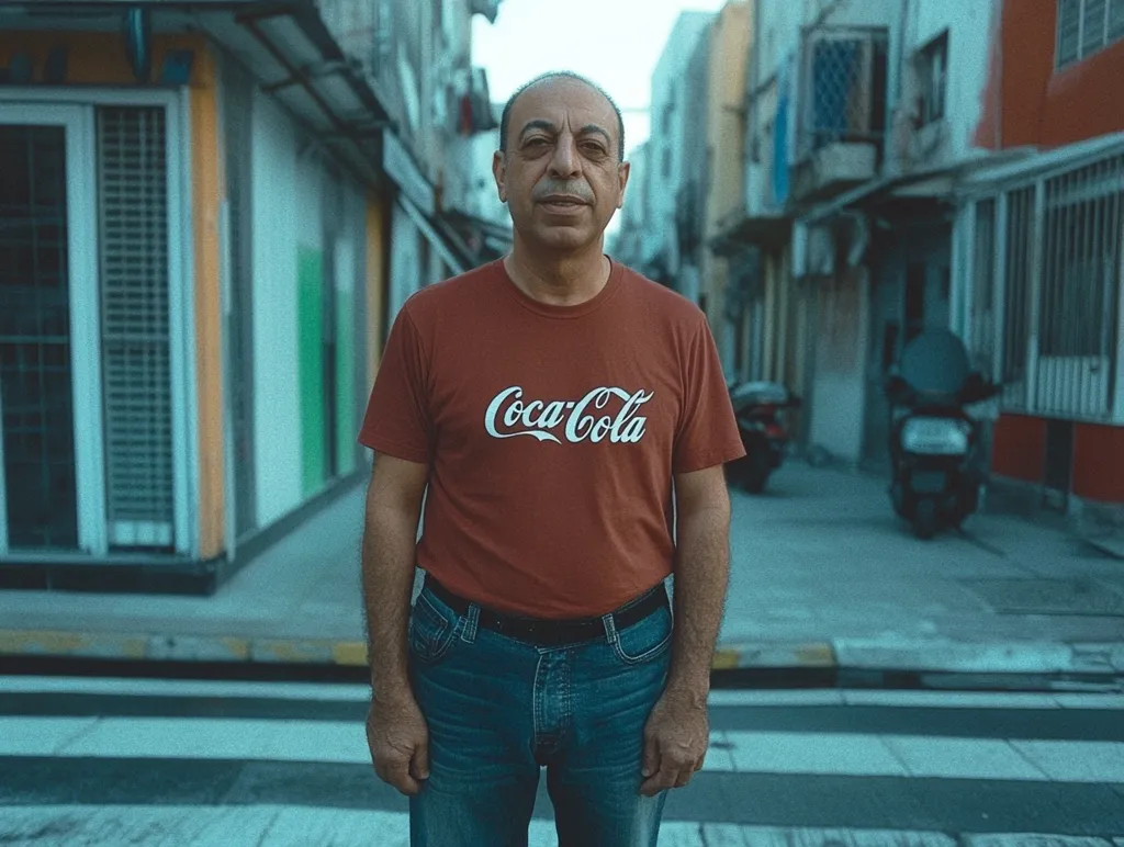 A middle-aged man stands on a city street, his gaze directed at the camera. He's wearing a rust-colored t-shirt with a prominent Coca-Cola logo and blue jeans.  The background is slightly blurred, showcasing a narrow street lined with aged buildings, a parked scooter visible in the distance. The overall tone is muted, with a cool color palette dominating the scene. The man's expression is neutral, conveying a sense of quiet contemplation.