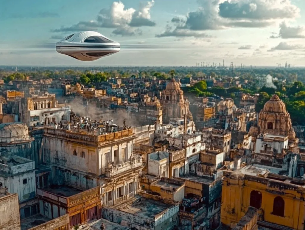 Here's a description of the image:

A futuristic, white, disc-shaped vehicle hovers serenely above a sprawling, densely packed cityscape. The city appears to be in India, characterized by its aged, ochre-toned buildings, intricate architecture, and crowded rooftops.  Many structures show signs of age and weathering, contrasting with the sleek modernity of the flying craft.  In the distance, industrial structures are visible, suggesting a blend of old and new. The scene is bathed in the warm light of either sunrise or sunset, enhancing the atmospheric contrast between the flying vessel and the historic, earthy landscape below.
