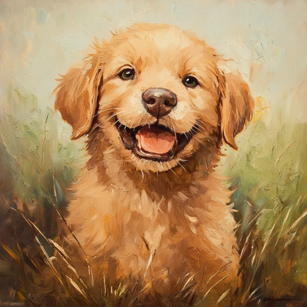 Here's a description of the image:

The painting showcases a Golden Retriever puppy, its fur a light, warm gold.  The puppy is depicted from the chest up, nestled in tall grass. Its expression is one of pure joy, with a wide-open mouth revealing its tongue and a cheerful, almost mischievous glint in its eyes. The artist uses visible brushstrokes, giving the fur a textured and lively appearance. The background is softly blurred, focusing attention on the puppy's endearing face and playful demeanor. The overall style is impressionistic, capturing the essence of the puppy's happiness rather than precise detail.