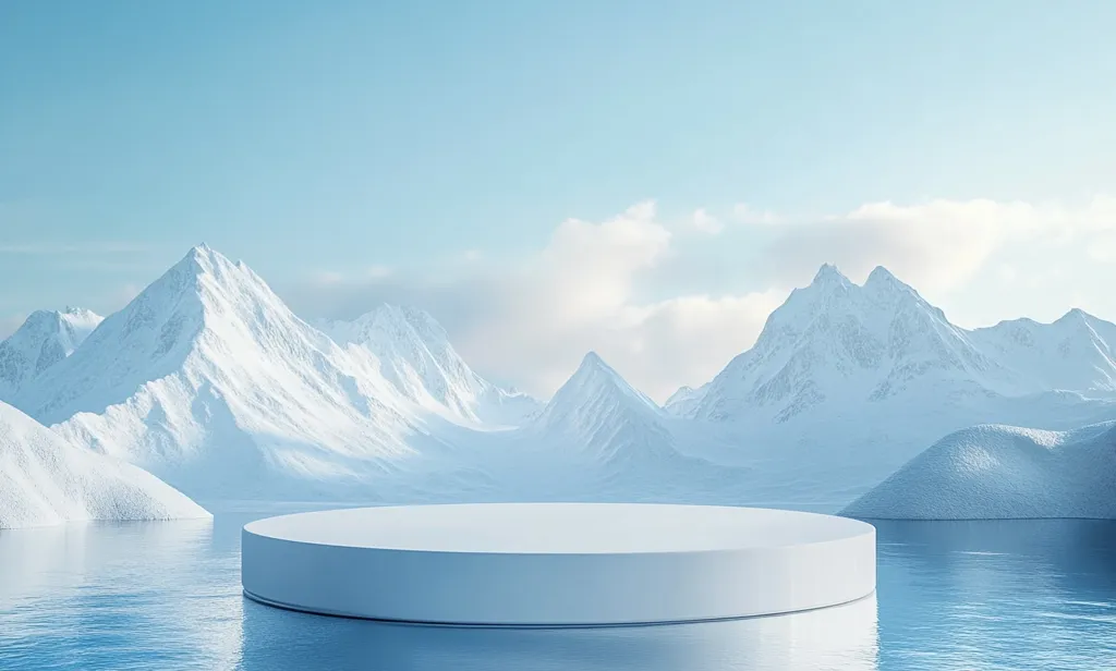 Here's a description of the image:

The image presents a serene, minimalist scene. A large, circular, white platform rests on a calm, blue body of water.  In the background, a range of snow-capped mountains stretches across the horizon under a pale blue sky.  The overall color palette is cool and muted, creating a feeling of tranquility and vastness. The scene appears digitally rendered, showcasing a clean, smooth aesthetic.  The contrast between the simple platform and the majestic, expansive landscape is striking.