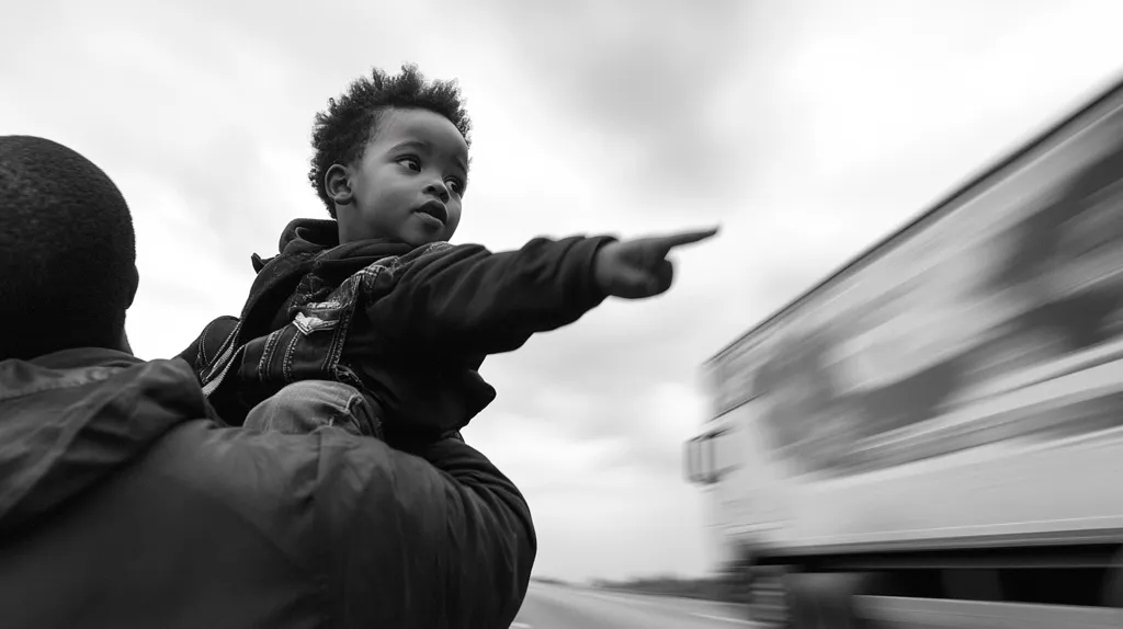A black and white image captures a young child, held by an adult, pointing towards a blurred, fast-moving truck on a highway. The child's face is visible, expressing curiosity and wonder.  The contrast between the sharp focus on the child and the motion blur of the truck emphasizes the child's focused attention and the speed of the vehicle. The overall mood is one of movement and anticipation.