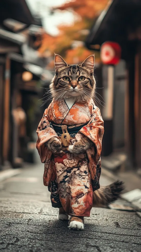 Here is a description of the image:

A long-haired tabby cat is elegantly dressed in a traditional Japanese kimono. The kimono is a beautiful autumnal orange and brown with intricate floral patterns. The cat's serious expression and poised posture create a charming contrast to its attire. The background is a softly blurred autumnal streetscape of a Japanese town, hinting at a serene and culturally rich environment. The overall image is a whimsical and visually appealing blend of animal portraiture and cultural aesthetics.