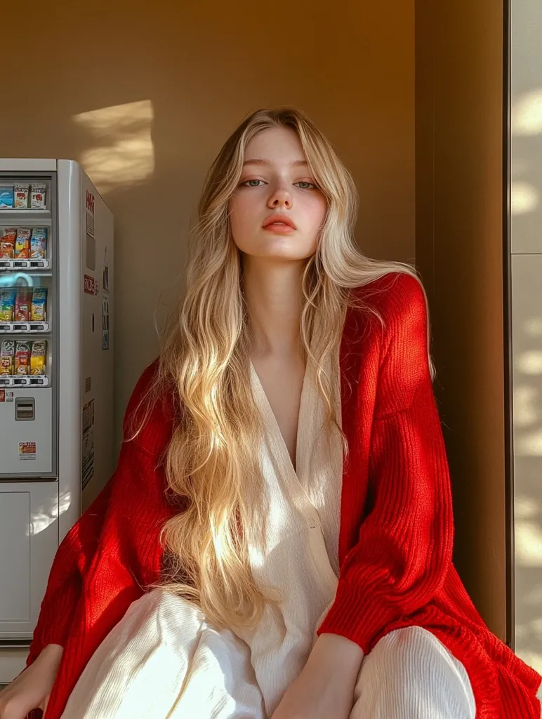 A young woman with long, blonde hair sits in a sunlit alcove. She wears a red cardigan over a cream-colored blouse and pants.  Her expression is calm and direct as she gazes at the camera.  A vending machine is visible in the background, adding a touch of everyday life to the scene. The overall aesthetic is soft, warm, and slightly melancholic.
