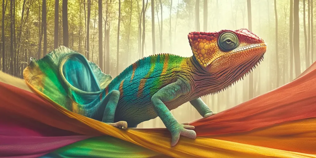 A vibrant chameleon, its skin shimmering with turquoise, green, orange, and red hues, is the focal point of the image.  It rests on a flowing, rainbow-colored fabric that drapes across the foreground.  The backdrop is a soft-focus forest of tall, slender trees, creating a dreamy, ethereal atmosphere. The chameleon’s detailed scales and intense gaze are striking against the muted background. The overall effect is a surreal and captivating blend of nature and fantasy.