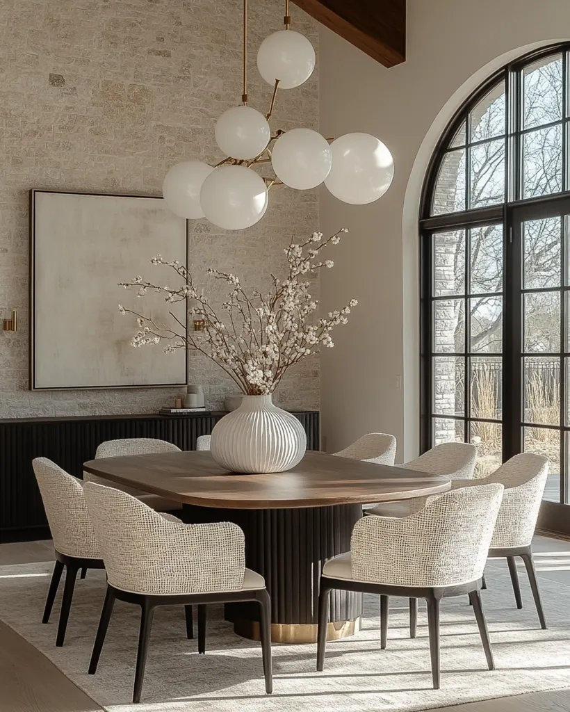 A modern dining room features a long, dark wood table surrounded by six light beige woven chairs.  A large, white ceramic vase filled with blossoming branches sits as a centerpiece.  A contemporary gold and white globe chandelier hangs above, illuminating the space.  The backdrop is a textured stone wall and a large arched window with black framing, showcasing a bright, sunny outdoor view.  A minimalist beige artwork hangs on the wall.  The overall aesthetic is calm, sophisticated, and luxurious.