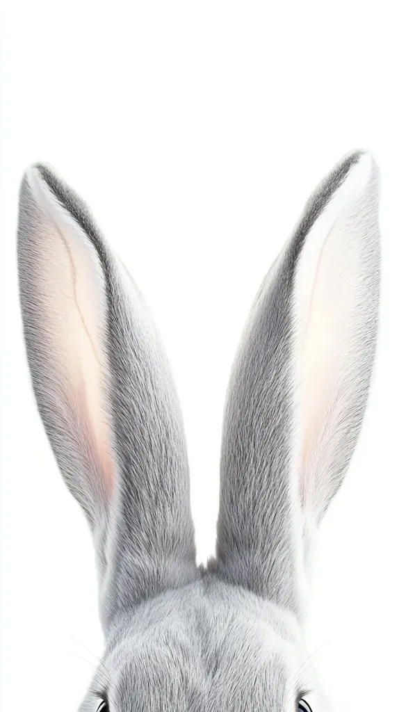 Here's a description of the image:

The close-up photograph shows a gray rabbit's ears and the top of its head, filling most of the frame.  The fur appears soft and fluffy, a light gray with slightly darker shading. The inner surfaces of the ears are a lighter, almost pinkish-white.  Only a small portion of the rabbit's face is visible at the bottom, suggesting the rabbit is peering from behind something. The background is pure white, providing a stark contrast to the rabbit's fur. The overall impression is one of softness, curiosity, and a playful peek-a-boo effect.