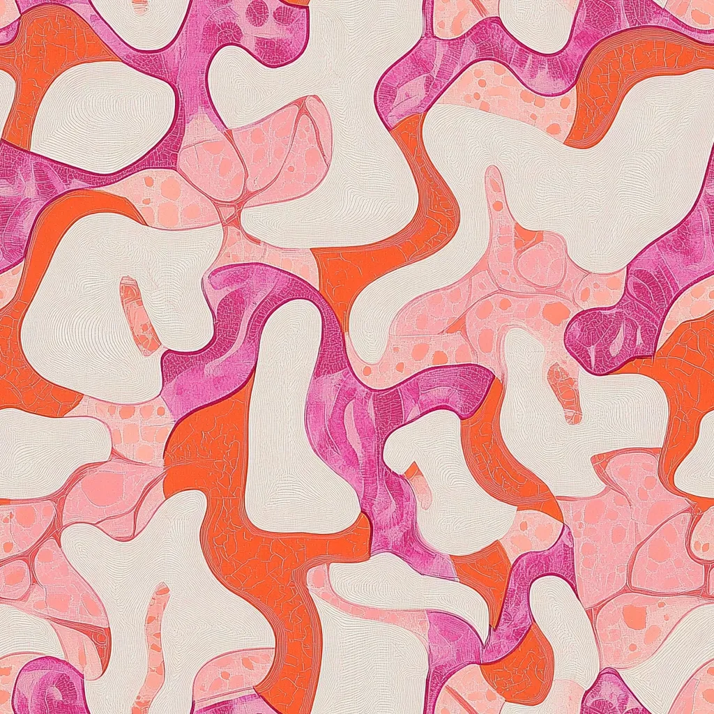 The image is an abstract design featuring a pattern of organic, flowing shapes in shades of pink, coral, and off-white.  The forms resemble amoebas or coral, interweaving and overlapping to create a complex, almost camouflage-like effect.  A textured, faintly lined background adds depth, giving the impression of a painted or digitally manipulated surface. The overall color palette is soft and warm, creating a visually appealing yet slightly unsettling aesthetic.