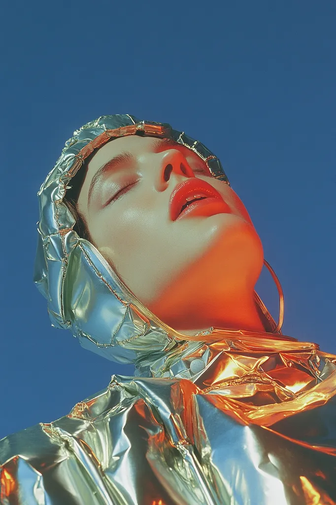 Here's a description of the image:

The photograph features a close-up of a person's face and upper body, tilted upward against a clear, vibrant blue sky. They are wearing a metallic, silver-gold hooded garment that appears crinkled and reflective, giving a futuristic or space-age aesthetic. The hood is structured and partially obscures the hair. The model's eyes are closed, and their lips are painted a bold, orange-red.  Warm, orange light illuminates the face, contrasting with the cool blue background, creating a striking visual effect. The overall impression is one of serene beauty with a strong, stylized artistic feel.