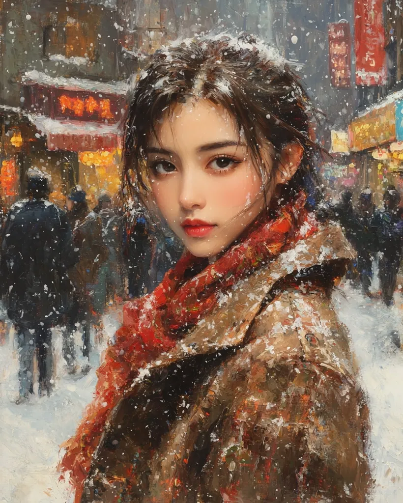 The painting depicts a young woman standing in a snowy city street.  She's the focal point, her face softly lit, showcasing delicate features and a red-toned scarf wrapped around her neck.  She wears a brown coat dusted with snow, adding to the wintery atmosphere.  The background is blurred but shows a bustling street scene with indistinct figures, suggesting a busy, possibly Asian, city in snowfall. The artist uses a painterly style, evident in visible brushstrokes and textural representation of snow and fabric. The overall mood is serene yet slightly melancholic.