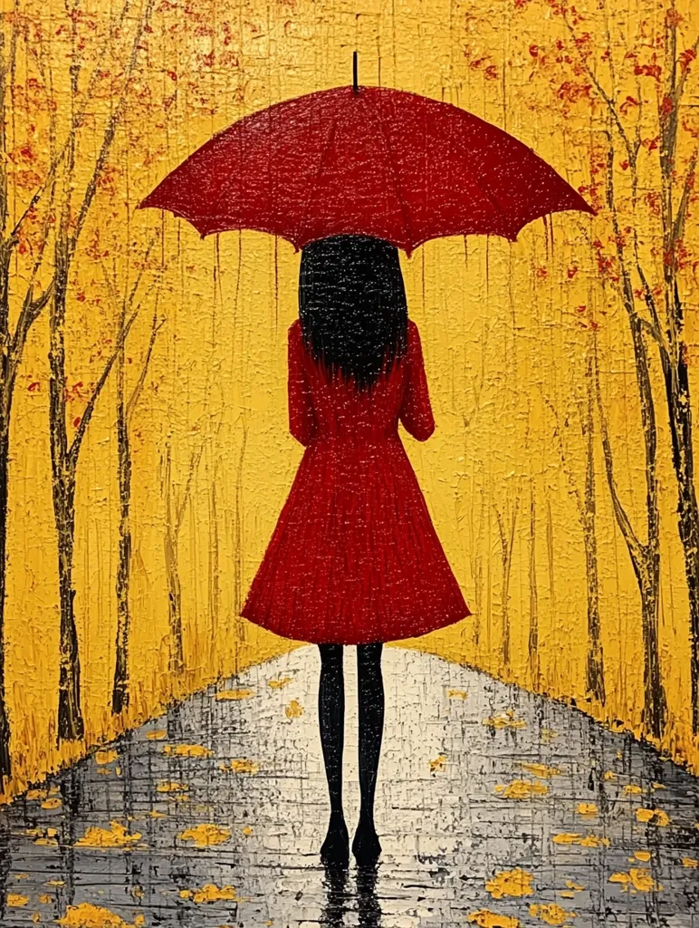 Here is a description of the image:

The painting depicts a woman in a red coat and black tights walking down a path under a red umbrella.  The background is a vibrant yellow, suggestive of autumn, with stylized trees bearing hints of orange and red leaves. The path is rendered with textured strokes of grey and white, implying a wet surface with fallen leaves. The overall style is impressionistic, using bold colors and visible brushstrokes to create a mood of quiet contemplation and autumnal melancholy.  The woman's back is to the viewer, adding a sense of mystery to the scene.
