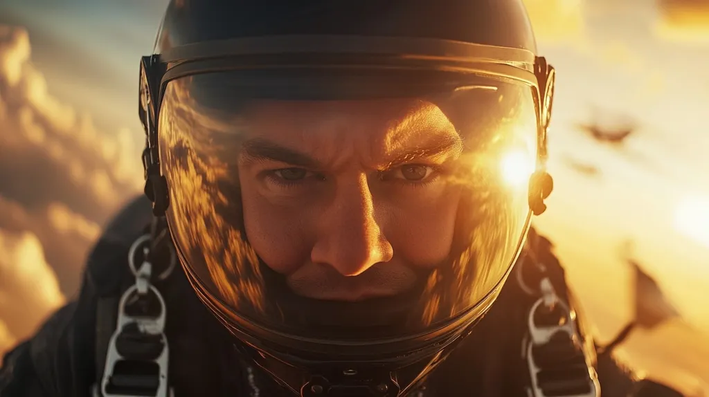 Close-up of a pilot's face, partially obscured by a dark helmet with a clear visor.  The setting sun casts a warm glow, reflecting in the visor, which shows a blurred landscape of clouds below.  The pilot's intense gaze is directed at the viewer.  The image evokes a sense of adventure and high-altitude flight, possibly a skydiver or fighter pilot.  The overall tone is dramatic and intense.