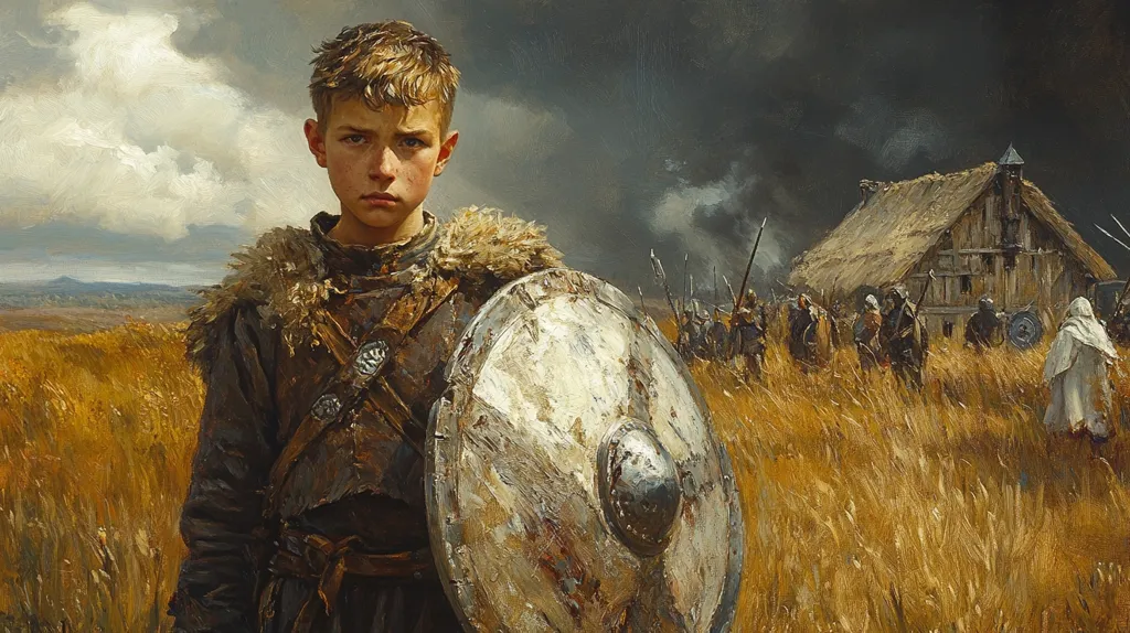 A young boy, perhaps 12 years old, stands in a golden wheat field, his serious gaze directed at the viewer.  He's clad in medieval-style garb: a dark tunic, fur-trimmed shoulders, and leather armor. He holds a large, weathered shield. In the background, a group of armed warriors approaches a thatched-roof house under a stormy sky, suggesting a scene of impending conflict or displacement.  The overall mood is one of somber anticipation and youthful resilience.
