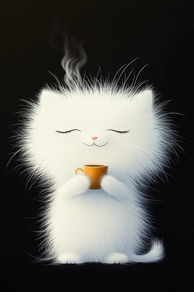 Against a stark black background, a fluffy white kitten is depicted.  Its eyes are closed serenely, and it holds a small, warm-colored mug, from which steam gently rises. The kitten's fur is incredibly detailed, giving a soft, almost hyperrealistic texture. The overall mood is one of peaceful contentment and warmth, suggesting a cozy and comforting scene. The contrast between the white fur and the dark background accentuates the kitten and its simple pleasure.
