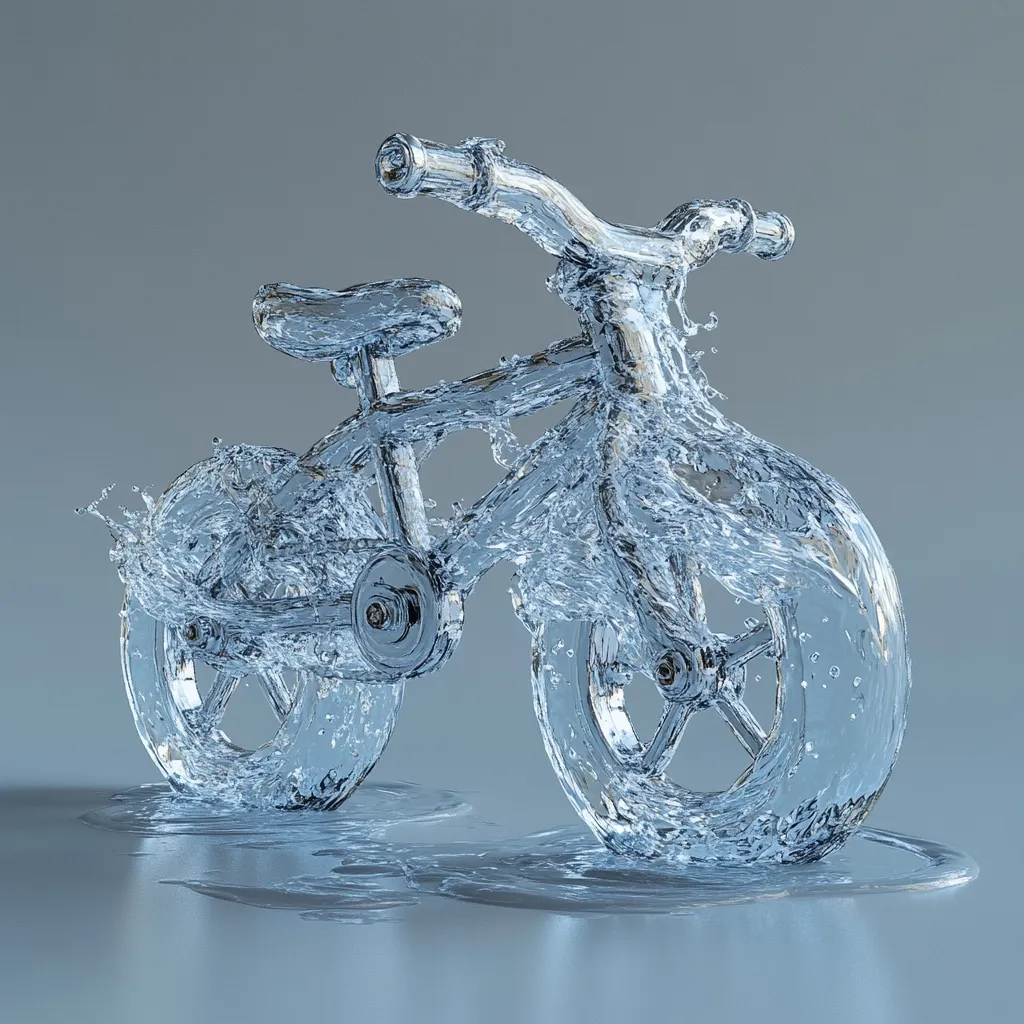 A child's balance bike, seemingly sculpted from water, sits on a reflective surface.  The bike's form is rendered in a translucent, flowing liquid, with droplets and splashes suggesting movement. The overall effect is ethereal and surreal, creating a visually captivating image that blends the solidity of a bicycle with the fluidity of water. The monochromatic color palette enhances the dreamlike quality.