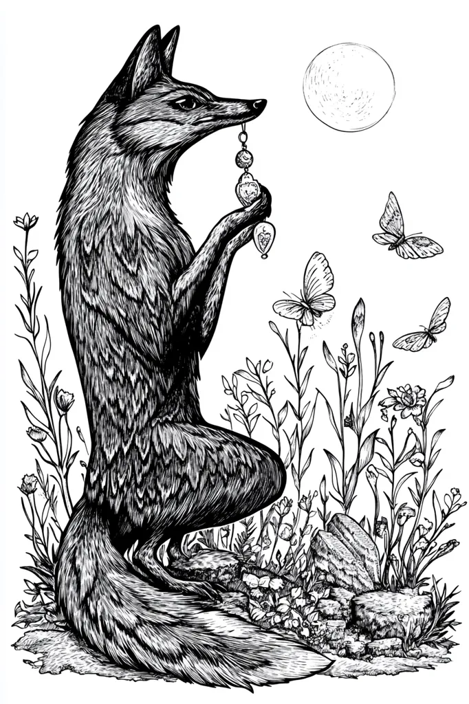 Here's a description of the image:

The black and white ink drawing depicts a fox sitting amidst wildflowers and rocks under a full moon. The fox, rendered in meticulous detail, holds a delicate beaded charm.  Butterflies flutter around it, adding to the whimsical, nature-inspired scene. The style is reminiscent of botanical illustration, with fine lines and shading creating a sense of depth and texture. The overall mood is serene and magical.