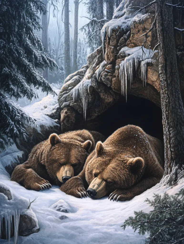 Here is a description of the image:

The painting depicts two brown bears nestled together in a snow-covered cave nestled within a wintry forest.  The bears are asleep, their large, furry bodies snuggled close for warmth. Icicles hang from the cave's entrance, which is partially obscured by a snow-dusted rock formation.  The surrounding forest is dense with snow-laden evergreens and bare, slender trees under a muted, atmospheric sky.  The overall mood is serene and peaceful, capturing a moment of quiet winter hibernation.