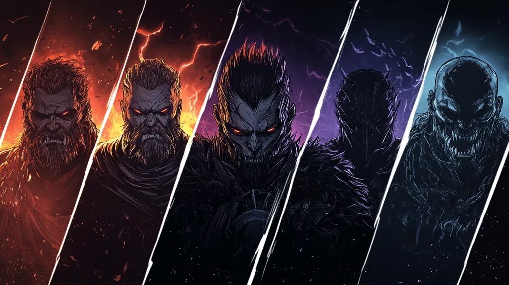 The image showcases five stylized figures, each seemingly a variation of a dark, monstrous character.  They're presented in a collage format, separated by diagonal white lines against a backdrop of swirling, elemental energy – fire,  orange, red, purple, and cool blue tones.  The figures have glowing red eyes, sharp features, and menacing expressions, suggesting a powerful, potentially malevolent force.  The artistic style is dark fantasy, with a focus on texture and dramatic lighting.