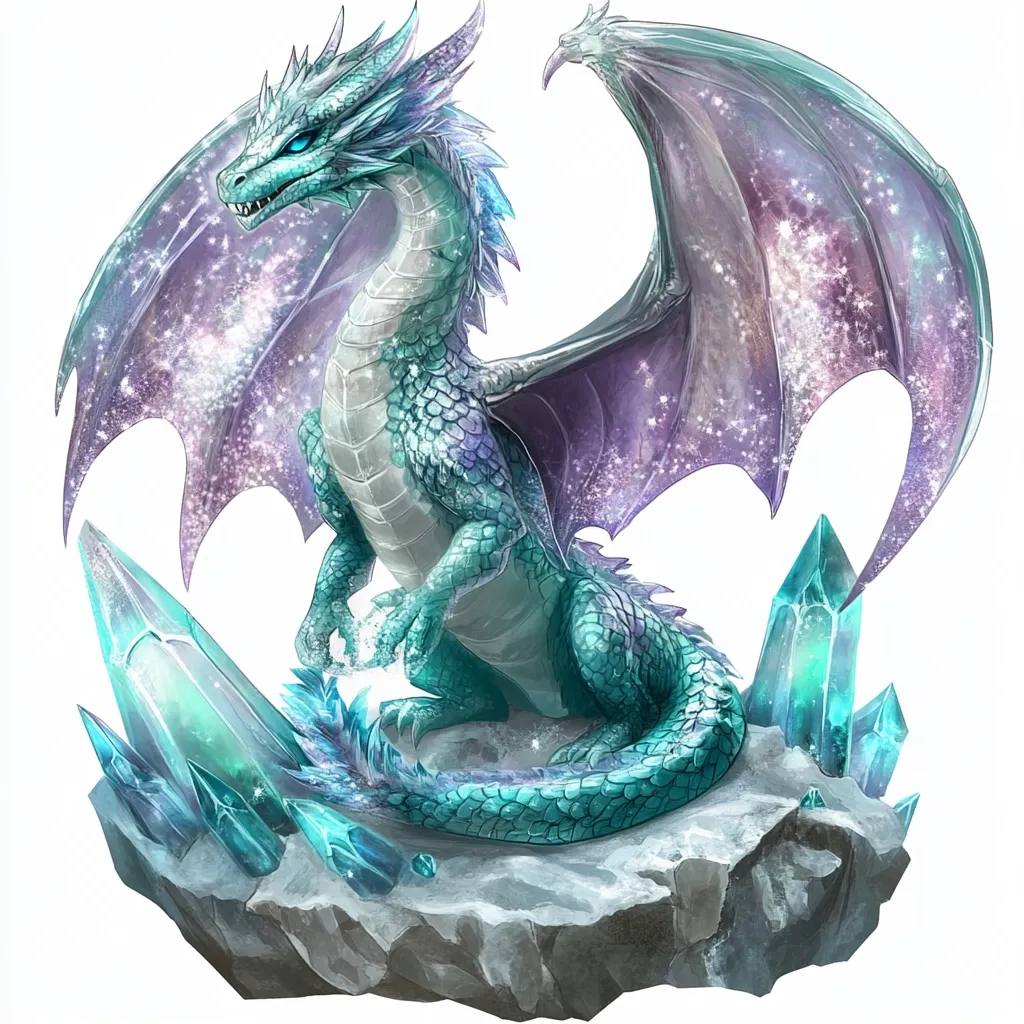 A captivating illustration depicts a young, teal dragon perched on a rock formation amidst sparkling, aqua crystals. Its wings, a blend of purple and teal, are dusted with glittering particles, creating a magical, ethereal effect. The dragon's scales shimmer, its eyes bright and alert, suggesting intelligence and grace. The overall composition exudes a sense of fantasy and wonder, with a harmonious balance between the dragon and its crystalline environment.  The image's detail and color palette evoke a sense of coolness and magic.