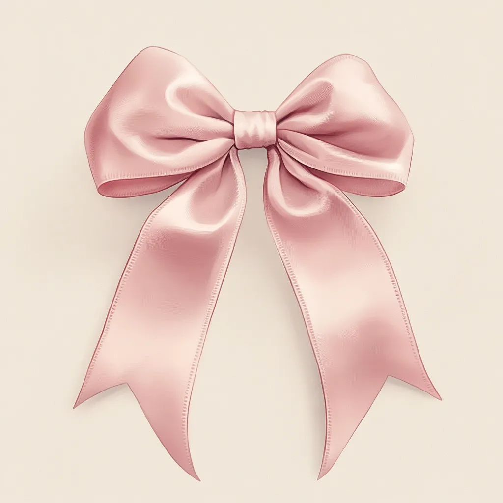 Here is a description of the image:

The image shows a large, elegantly tied pink satin ribbon bow against a light beige background.  The bow is meticulously rendered, showcasing the glossy sheen and subtle texture of the satin fabric.  The ribbons extend downward in two long, pointed tails, creating a symmetrical and visually appealing presentation.  The overall style is clean and sophisticated, suggesting a feeling of elegance and perhaps celebration.