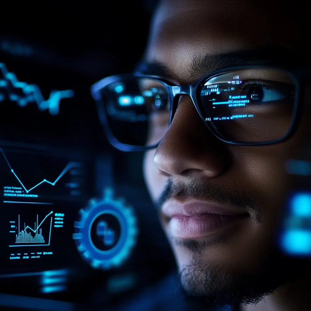 Close-up of a person's face, partially obscured in shadow, wearing glasses.  The reflection in their glasses shows glowing blue data streams and code.  Behind them, a computer screen displays various blue graphs and charts, suggesting data analysis or programming. The overall mood is one of intense focus and technological immersion in a dimly lit environment. The image suggests a professional working late at night or in a dark setting, deeply involved with their work.