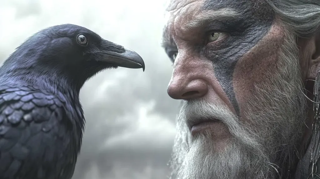 Close-up view of a large black raven and an elderly man with a long white beard and dark tribal markings on his face. The raven and the man are positioned facing each other, their gazes meeting. The background is blurred and muted, focusing attention on the intense interaction between the bird and the man. The overall mood is dark, mysterious, and slightly foreboding.  The image's lighting and detail suggest a digitally enhanced or artistic rendering.