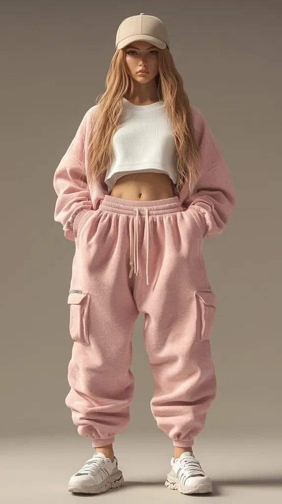 A young woman with long blonde hair models a casual outfit. She wears a pale pink fleece zip-up jacket and matching cargo sweatpants.  A white cropped top is visible beneath the jacket.  She's accessorized with a beige baseball cap and white chunky sneakers. The overall style is relaxed and sporty, with a muted pastel color palette.  The photo is taken against a neutral background.