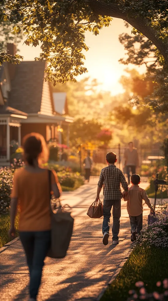 Here's a description of the image:

A family walks down a tree-lined residential street bathed in the golden light of sunset.  A father and two children, holding hands, lead the way, carrying bags.  A woman, possibly their mother, walks behind, carrying a large bag. The houses lining the street are quaint and charming, suggesting a peaceful suburban neighborhood. The overall mood is serene and heartwarming, conveying a sense of family unity and the tranquility of everyday life.  The warm light casts long shadows on the path, enhancing the idyllic setting.